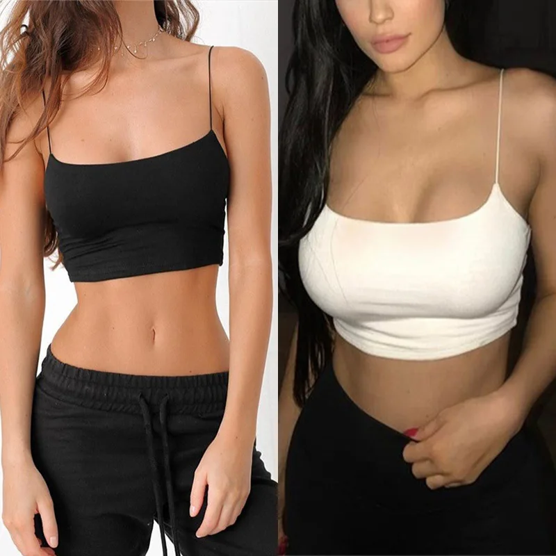 Ice Silk Summer Bra Crop Tops Sports Spaghetti Strap Vest Top Women Sexy Built In Bra Off Shoulder Sleeveless Camisole Underwear