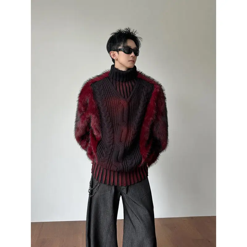 

Осенне-зимний утепленный мужской вязаный свитер с высоким воротником и меховыми вставками, теплый, плотный, в стиле панк, повседневный, модный