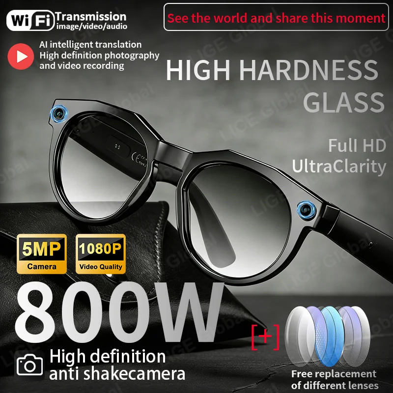 

LIGE 5MP HD умные очки камера AI распознавание фотографий Bluetooth вызов чат голосовой помощник 290 мАч солнцезащитные очки фотохромные линзы