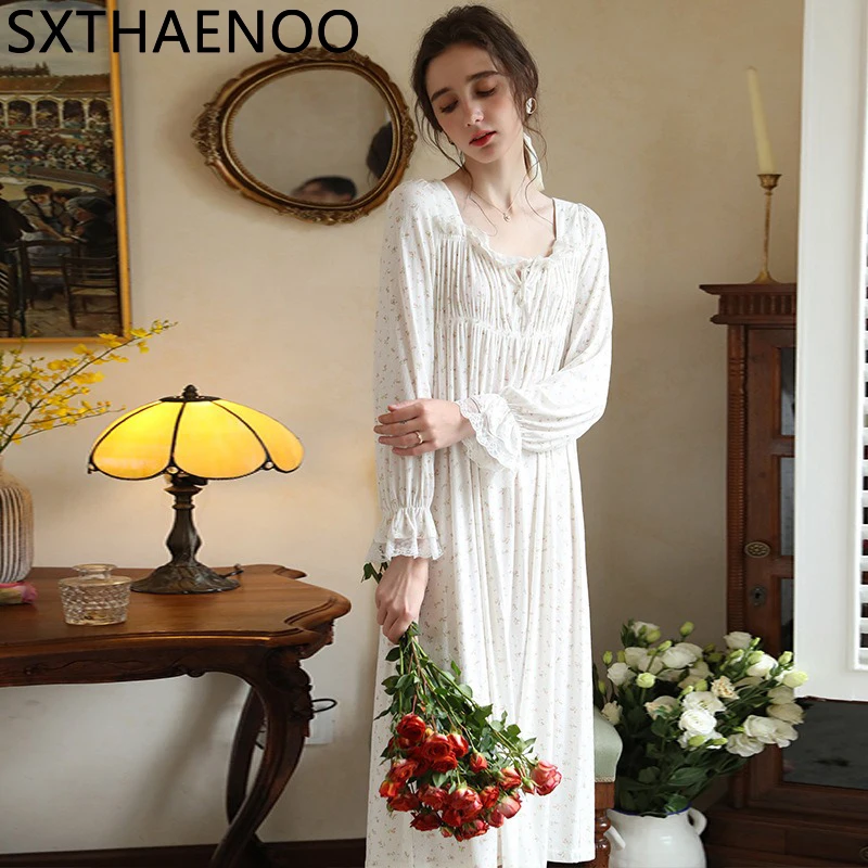 

SXTHAENOO 2024 New French Style Floral Print Long Nightgown Womens One Piece Pajamas Spring Longsleeve Home Wear Midi Nightdress