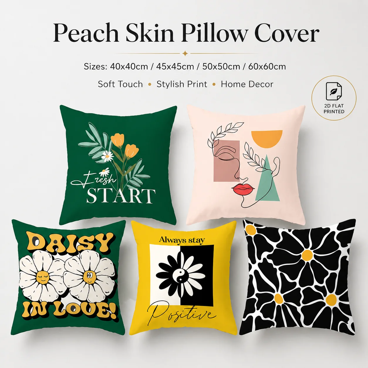 

Modern Abstract Line Art Face Cushion Cover Peach Skin 2D Flat Print Geometric Daisy Pillowcase for Sofa Living Room Home Decor