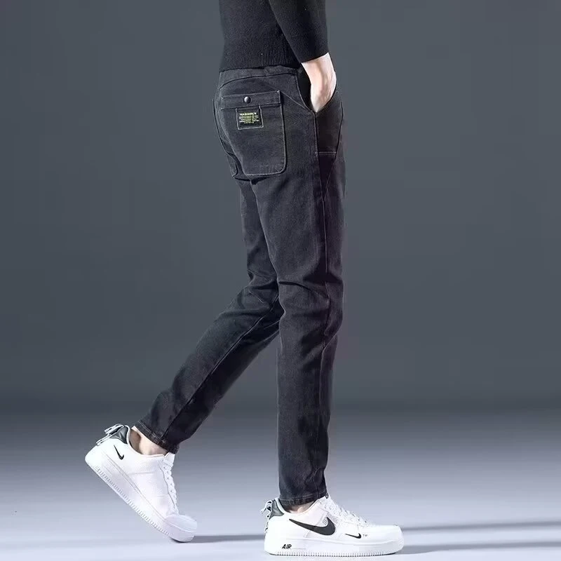 Moda masculina inverno neve quente jeans de pelúcia masculino velo forrado engrossado calças jeans confortáveis clássico casual formal