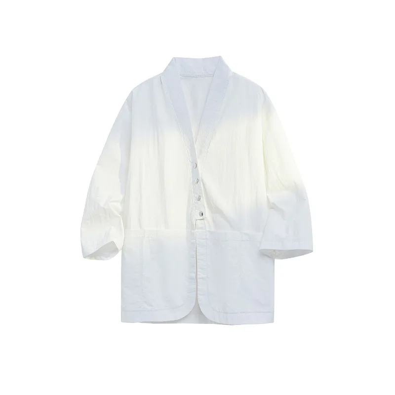 Oversized Chinese Style Gradient Robe Blouse V-neck Half Sleeve Loose Casual Jacket Minimalist Solid Color Outerwear