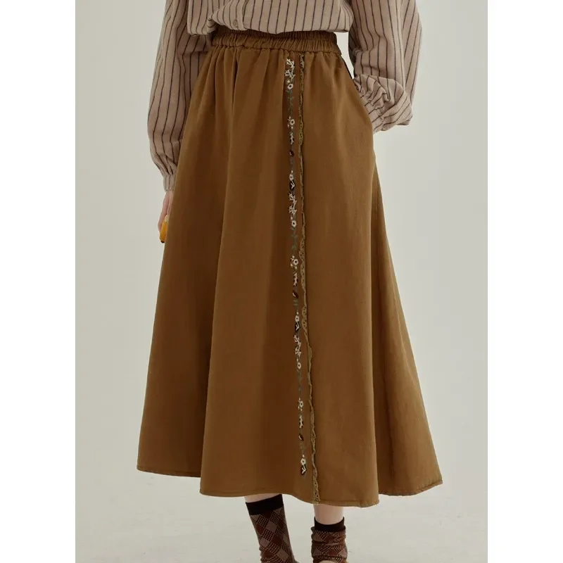 

Women Skirts Mori Sweet Girl Embroidered Skirts Autumn and Winter Versatile A-line Skirt Female Mid Length Skirt Students Wear