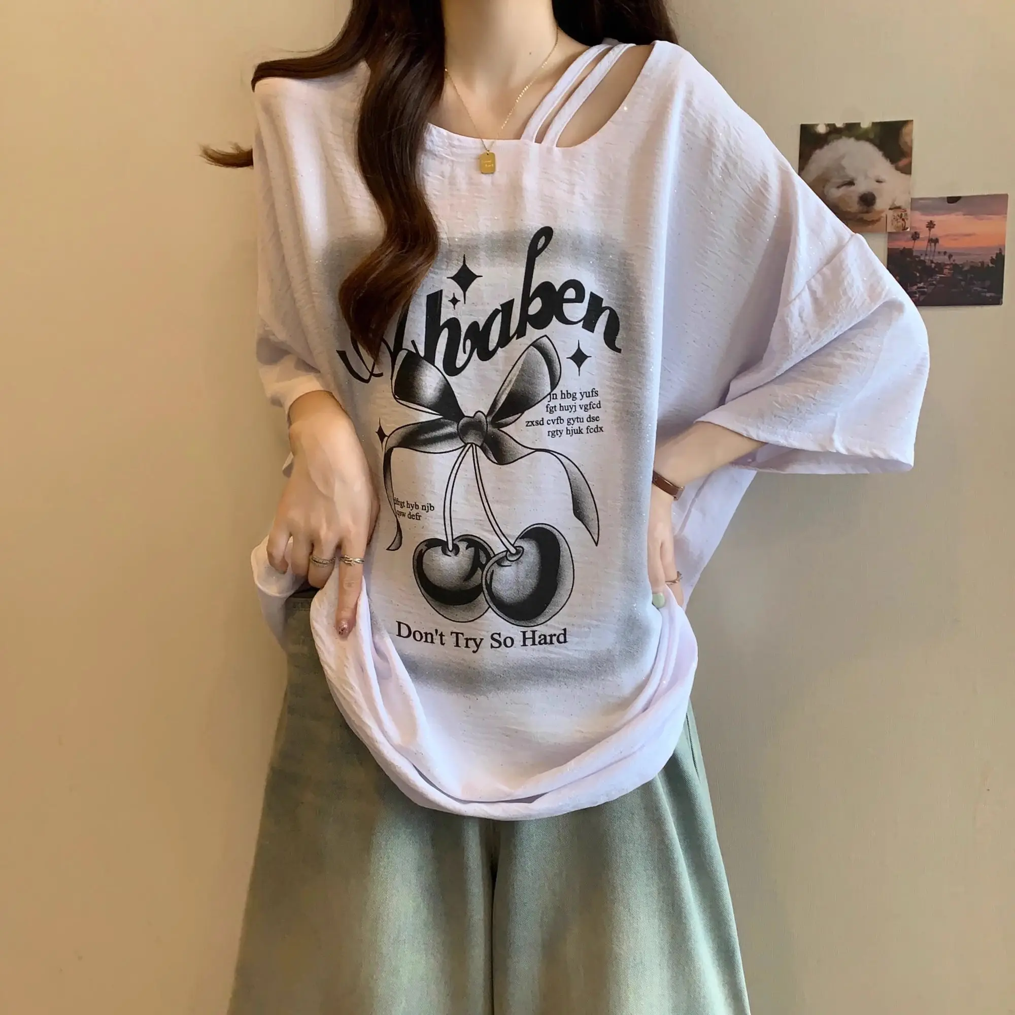 

French Sequin Short Sleeve T-Shirt Women's Summer Mid-Length Loose Top