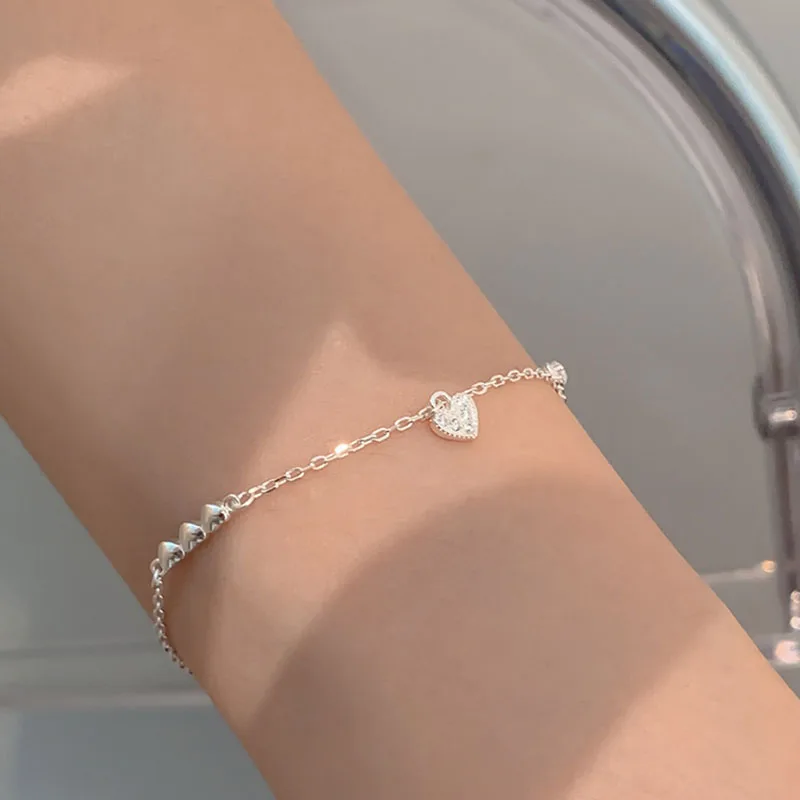 ANENJERY-فضي اللون الحب القلب سوار للنساء ، داينتي الزركون ربط سلسلة ، مجوهرات للبنات ، هدايا عيد