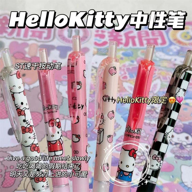 6Pcs Cartoon Sanrio Gel Pen Hello Kitty Kuromi ST Quick Drying Black 0.5mm Press The Ballpoint Pen Learning Stationery Gifts