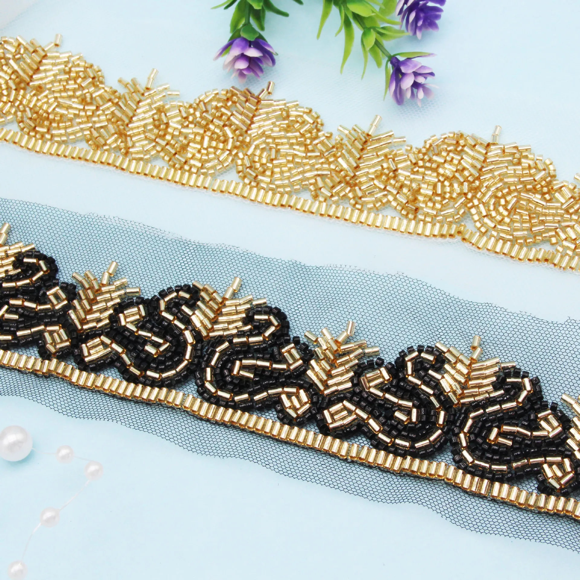 

Gold Beaded Lace Trim with Glass Beads and Lace Ribbon for Heavy-duty Party Dress DIY Clothing Accessories