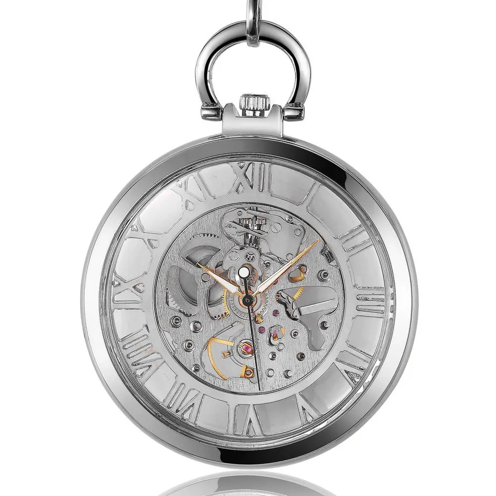 

Механические часы, полностью прозрачные серебряные римские сценарии, прямая пластина, прозрачные ручные карманные часы