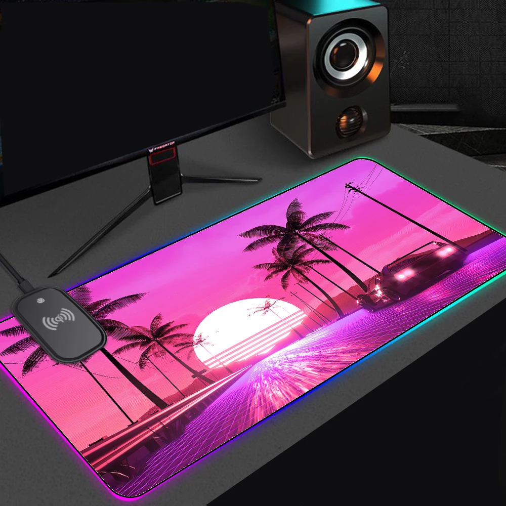 Wireless Charging Mouse Pad Vaporwave Car Night Scenery Palm Trees Pc Gaming Office Accessories Gamer Computer Table Mat Carpet