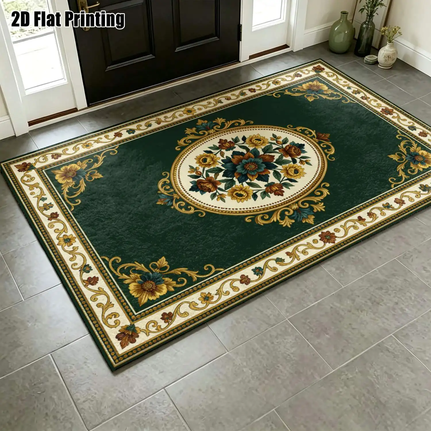 1Pc 2D Printed Dark Green Floral Pattern Carpet: Vintage European Style Decor Rug for Home, Multi-Size, Machine Washable, Suitable for Living Room, Bedroom, Dining Room, Entrance & Study