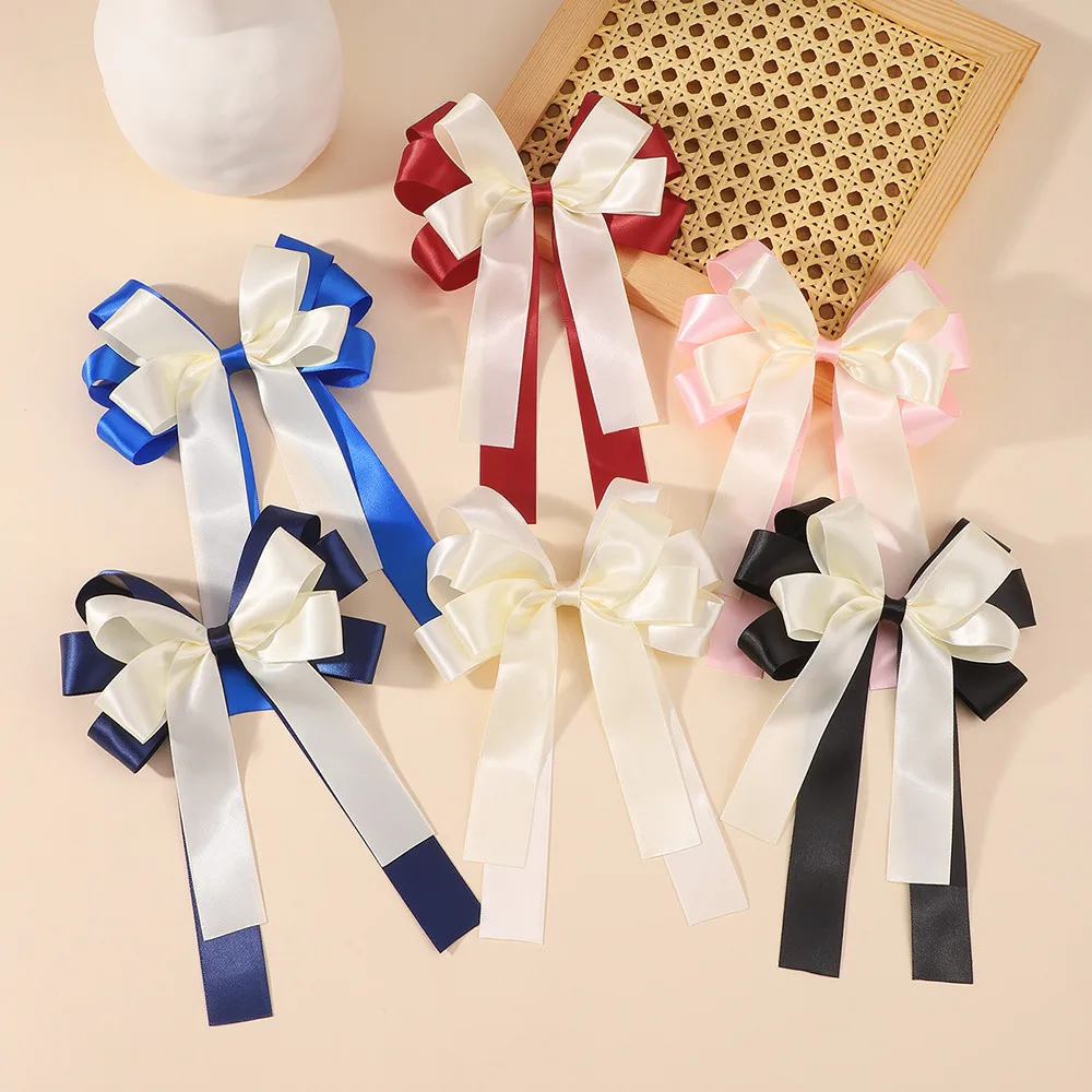 1Pcs Two Tone Satin Bow Hair Clip Long Streamer Ribbon Barrettes Sweet Women Girls Wedding Party Hair Accessories