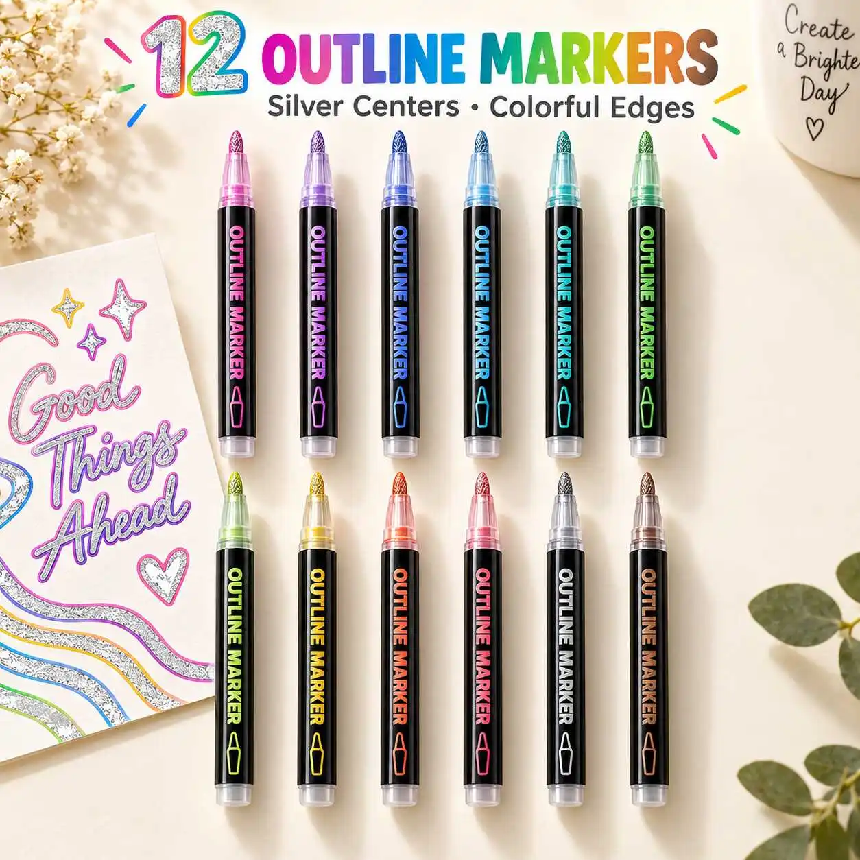 12pcs Self Outline Metallic Marker Pens 12 Colors Black Barrels for Cards Drawing and Creative Lettering