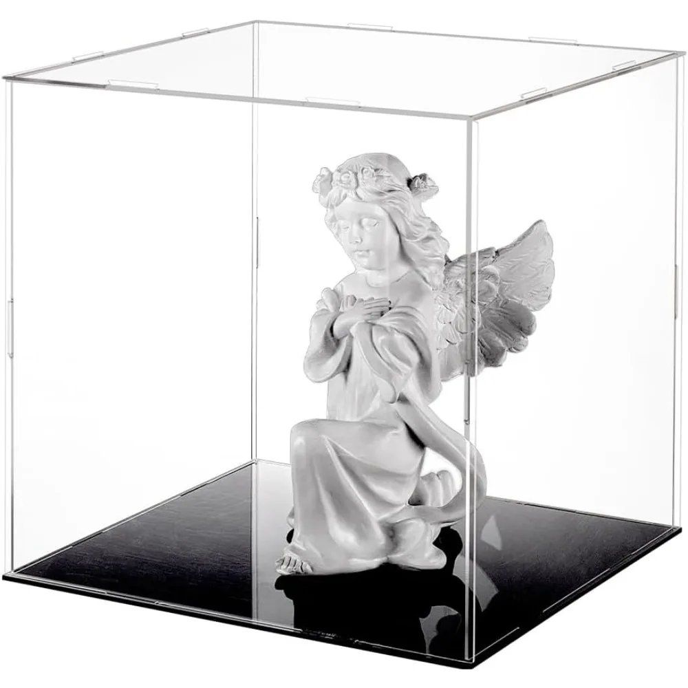 Clear Acrylic Display Case with Black Base & 4 Pcs Rubber Rings 10x10x10 Inch Cube Clear Self-Assembly Acrylic Box