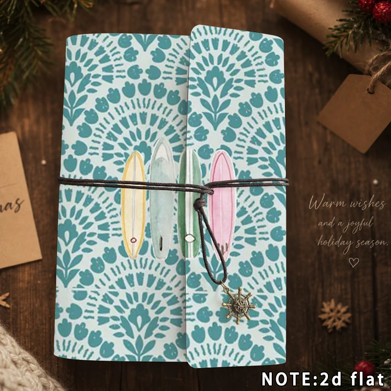 A5 Notebook Colorful Surfboard Teal Floral Pattern Travel Journal 2D Flat Writing Diary Stationery Gift For Beach Surf Lover