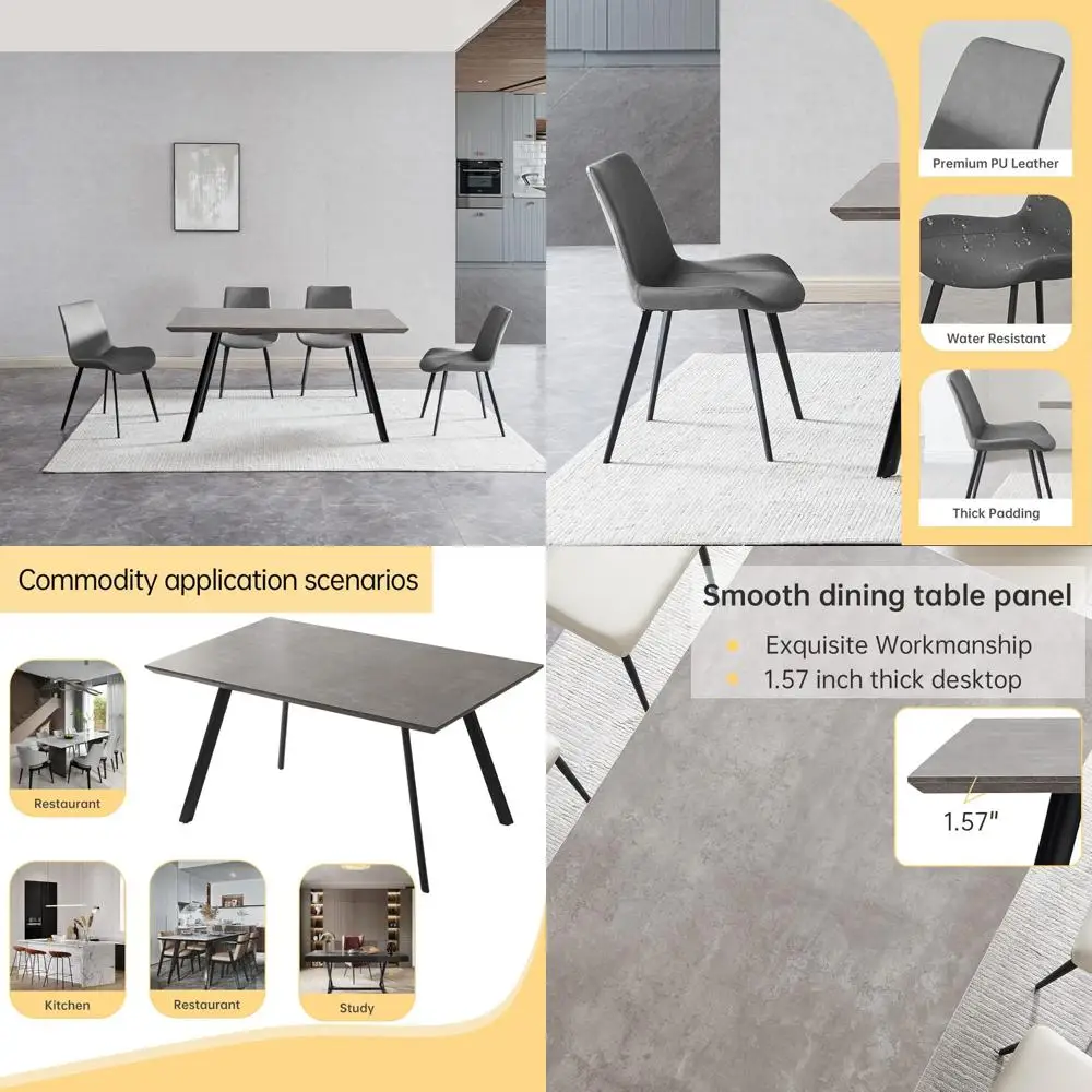 직사각형 나무 5피스 식탁 세트 (가죽 커버 의자 4개 포함, 4인용)