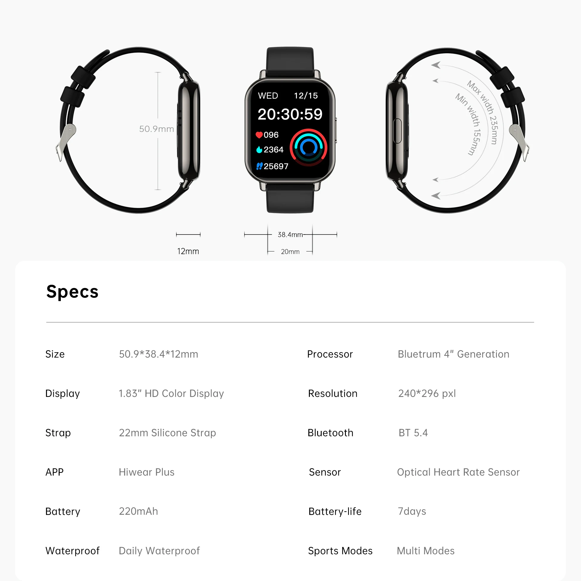 1.83'' Waterproof Smart Watch with Message Answer Call Sleep Monitor Sports Pedometer Information Alerts For iPhone Android Ht22 view 6