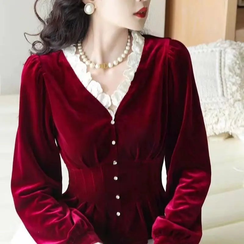 Elegant V-Neck Button Spliced Folds Lace Ruffles Blouse Women Clothing 2024 Autumn New Loose Casual Pullovers Office Lady Shirt