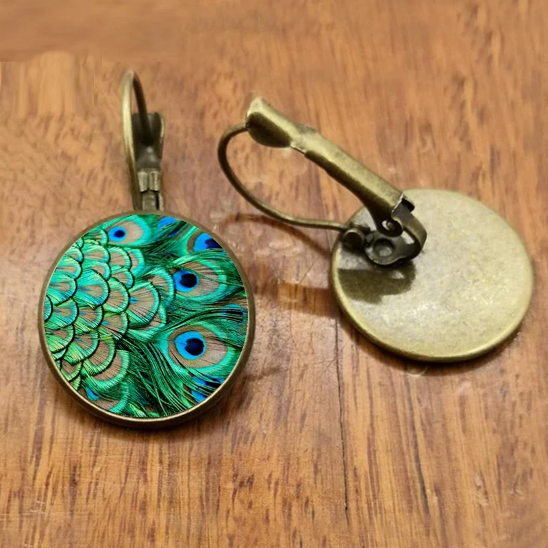 Vintage Green Peacock Feather Earrings For Women Bronze Plated Glass Dome  Earrings Jewelry