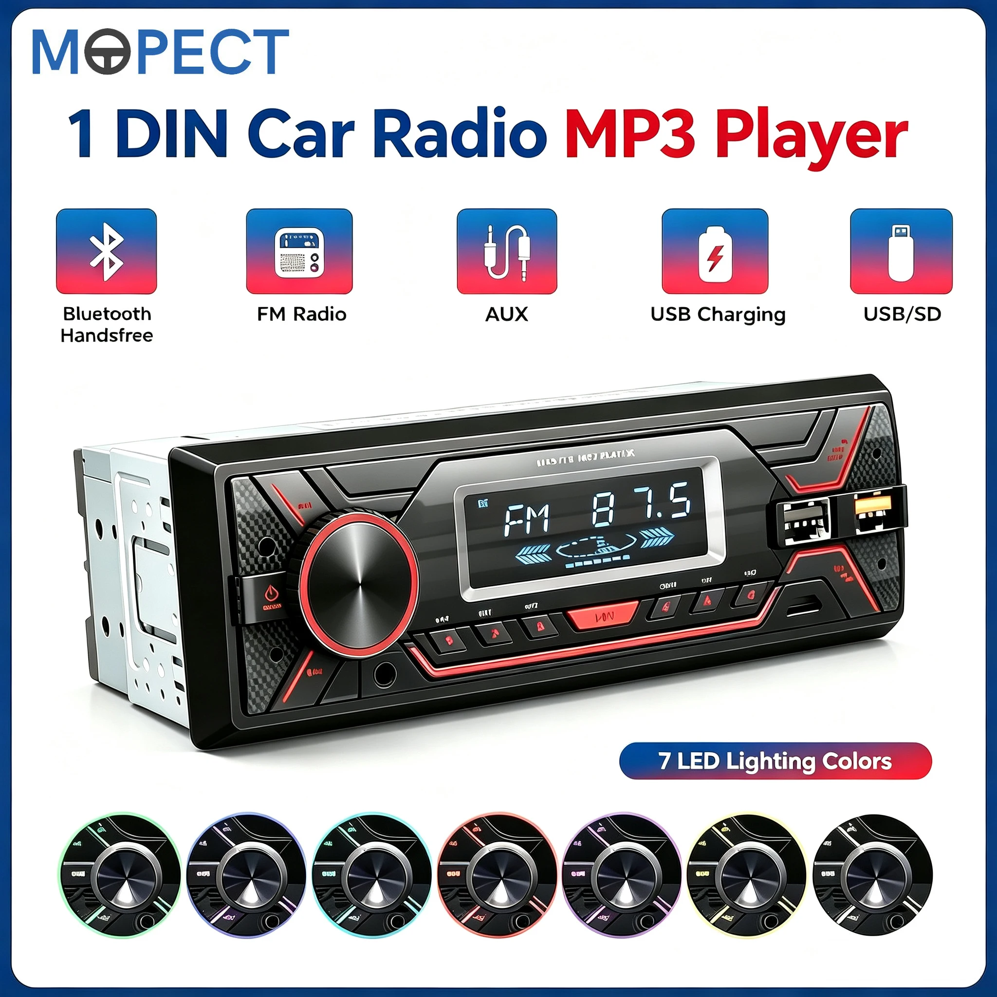 Autoradio universale MOPECT 1 DIN, lettore MP3, Bluetooth, vivavoce, ricevitore FM, USB, TF, AUX, lettore audio stereo per auto con LED a 7 colori