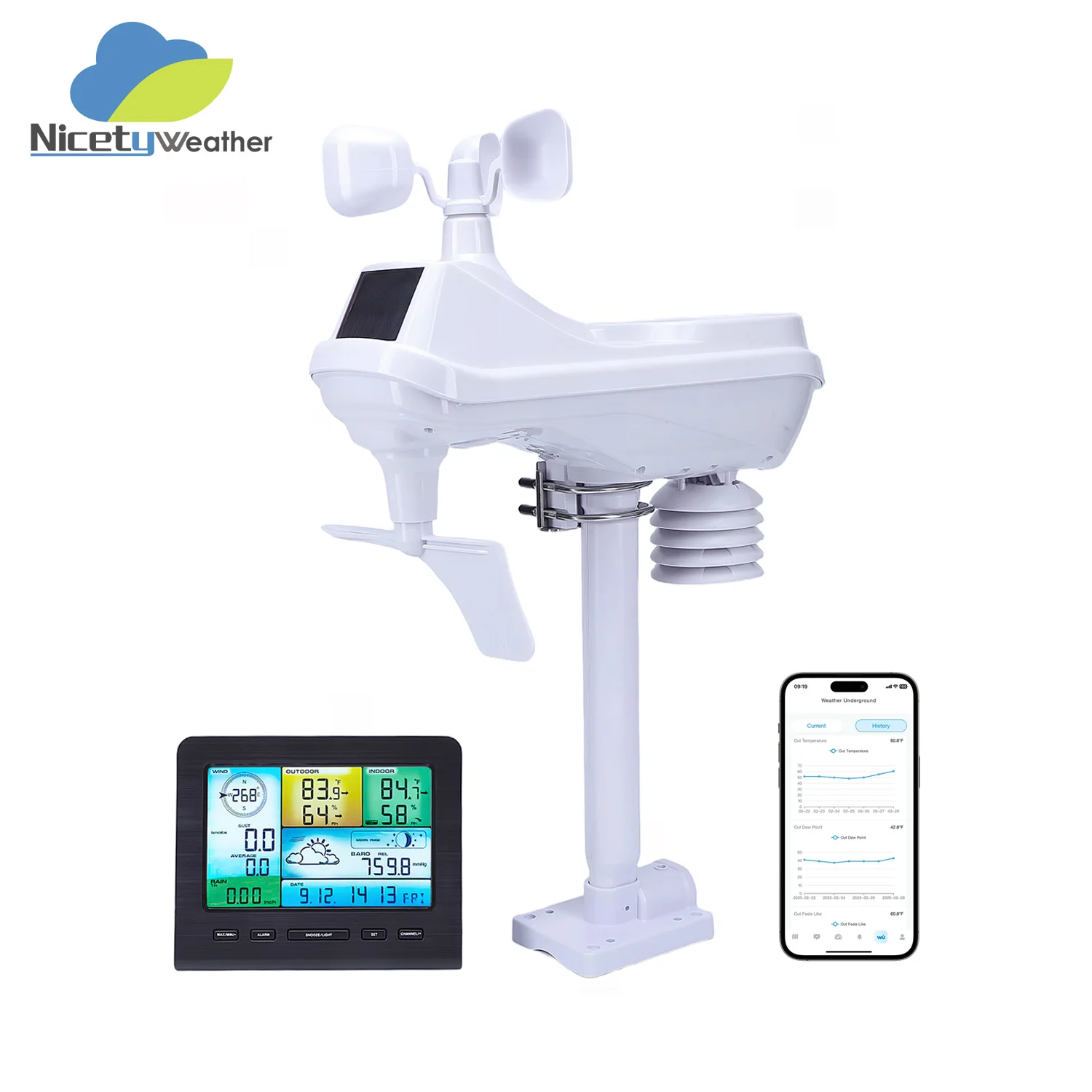 Nicetweather Smart 5 في 1 WiFi محطة الطقس مستشعر خارجي لاسلكي لدرجة الحرارة الداخلية/الخارجية الرطوبة والتنبؤ