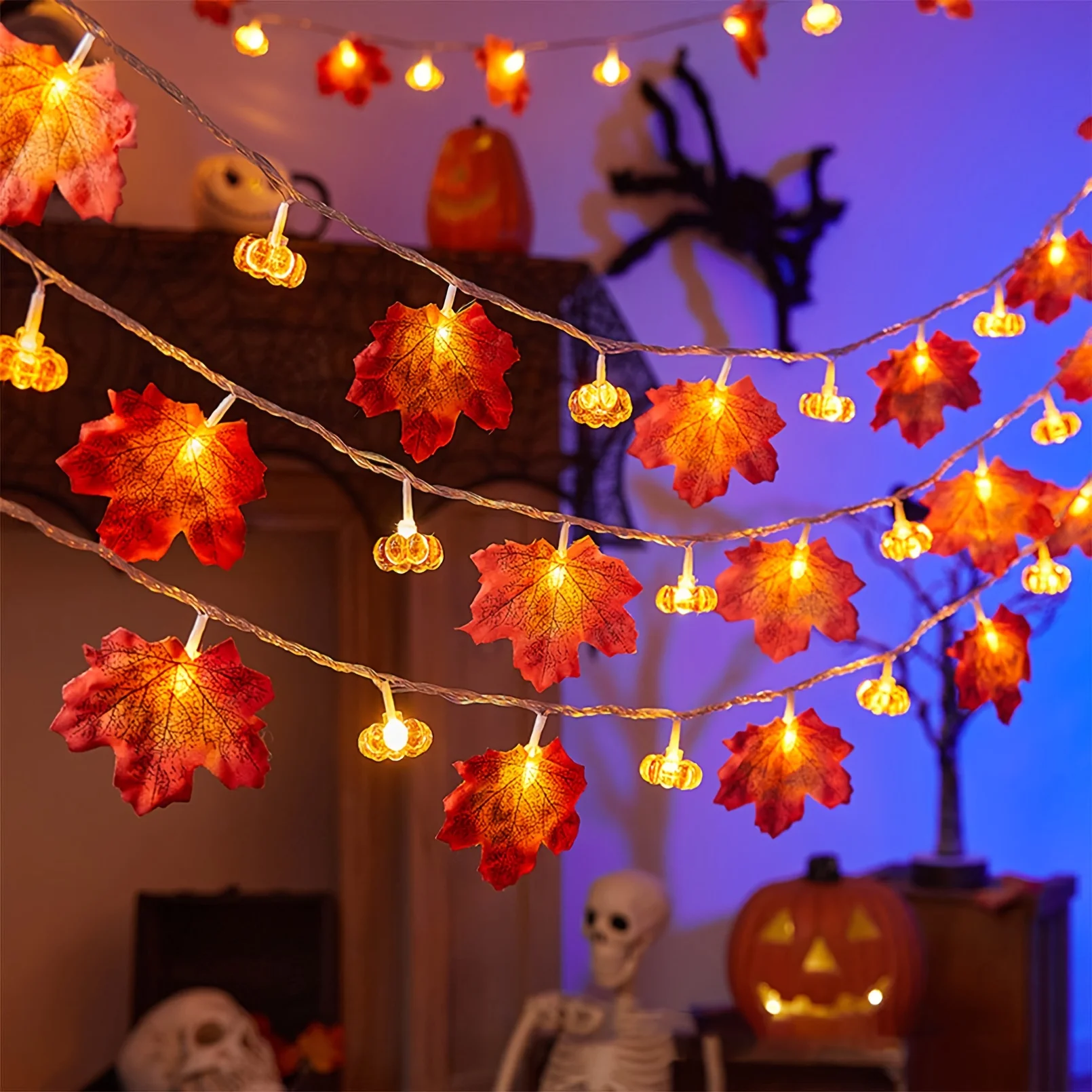 10/20 LED Maple Pumpkin Wreath Light - Battery Powered Realistic Fall Halloween Christmas Decor Indoor Outdoor Atmosphere Light
