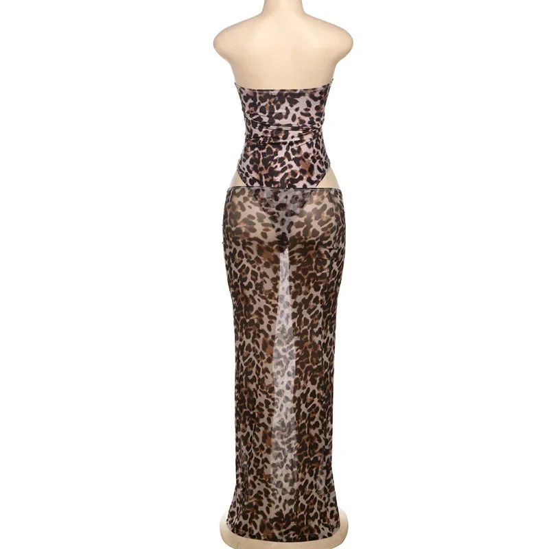 Set da 2 pezzi con stampa leopardata da donna con nodo sexy scava fuori tute senza spalline top + maxi gonne aderenti in rete trasparente abiti da festa per club