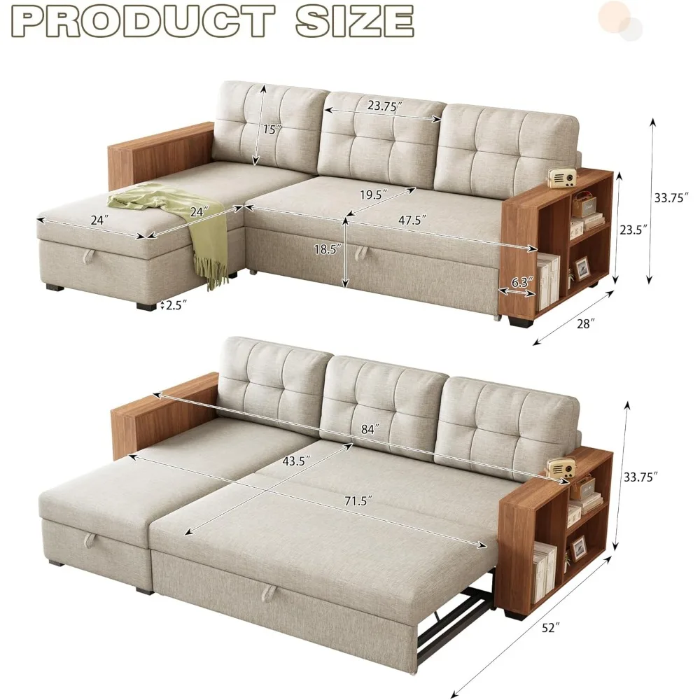 Convertible Sectional Sleeper Sofa With 2 Wooden Armrests and 3 Removable Back Cushions for Living Room Home Furniture Office