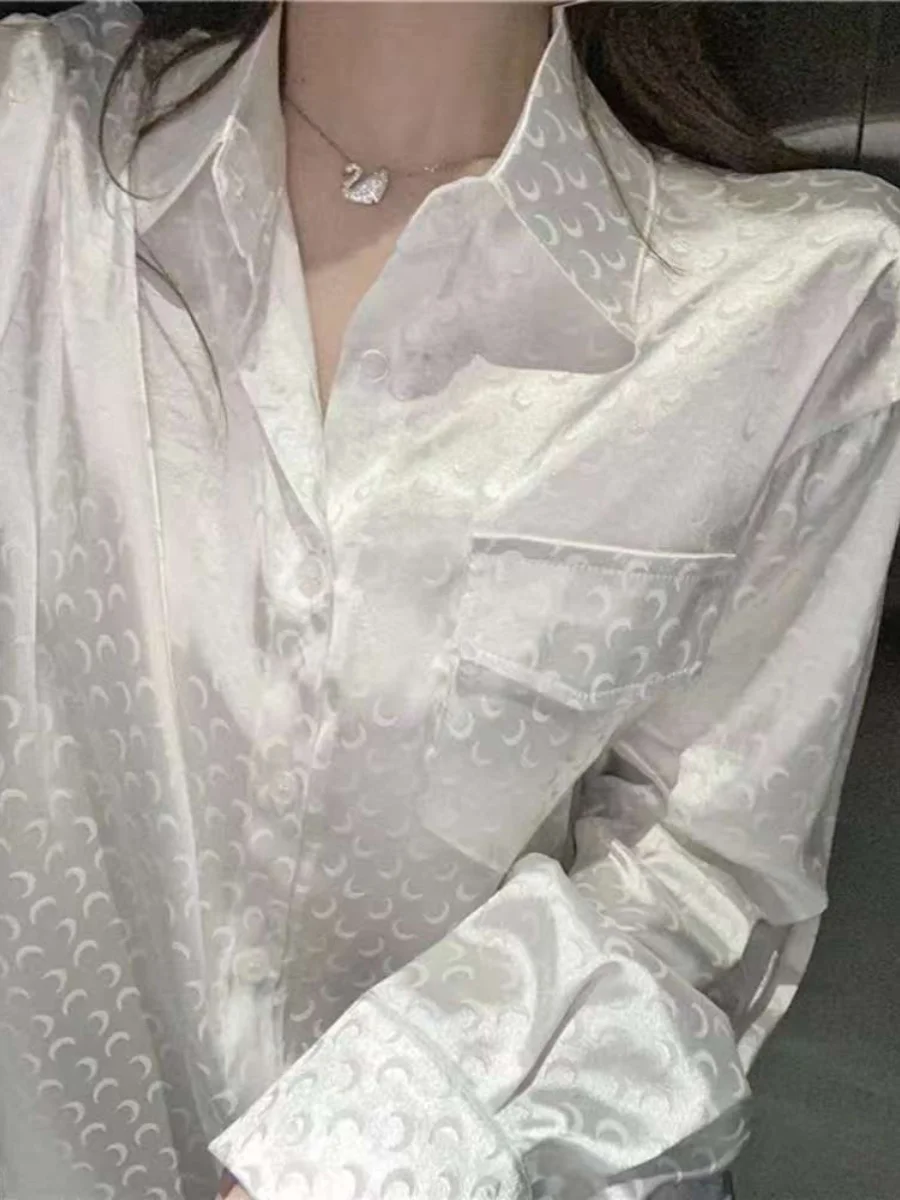 เสื้อเชิ้ตผ้าซาตินเอลีอะซิเตททรงหลวมสำหรับผู้หญิง แขนยาว ดีไซน์เรียบง่าย สไตล์เกาหลี ทรงตรง ติดกระดุม