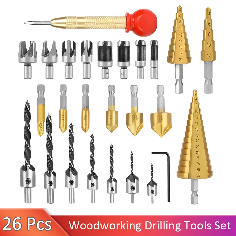 

26 Pcs Woodworking Chamfer Drilling Tools Including Countersink Drill Bits 3-Pointed Countersink Drill Bit