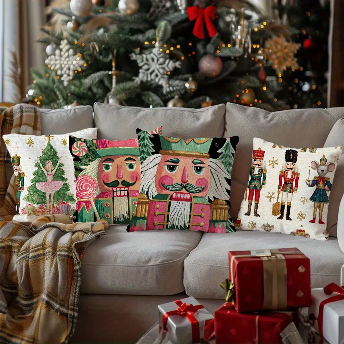 4pcs Holiday-Themed Puppet Pattern Pillow Covers, Durable Easy to Clean Suitable for Indoor/Outdoor Sofa, Patio, Balcony
