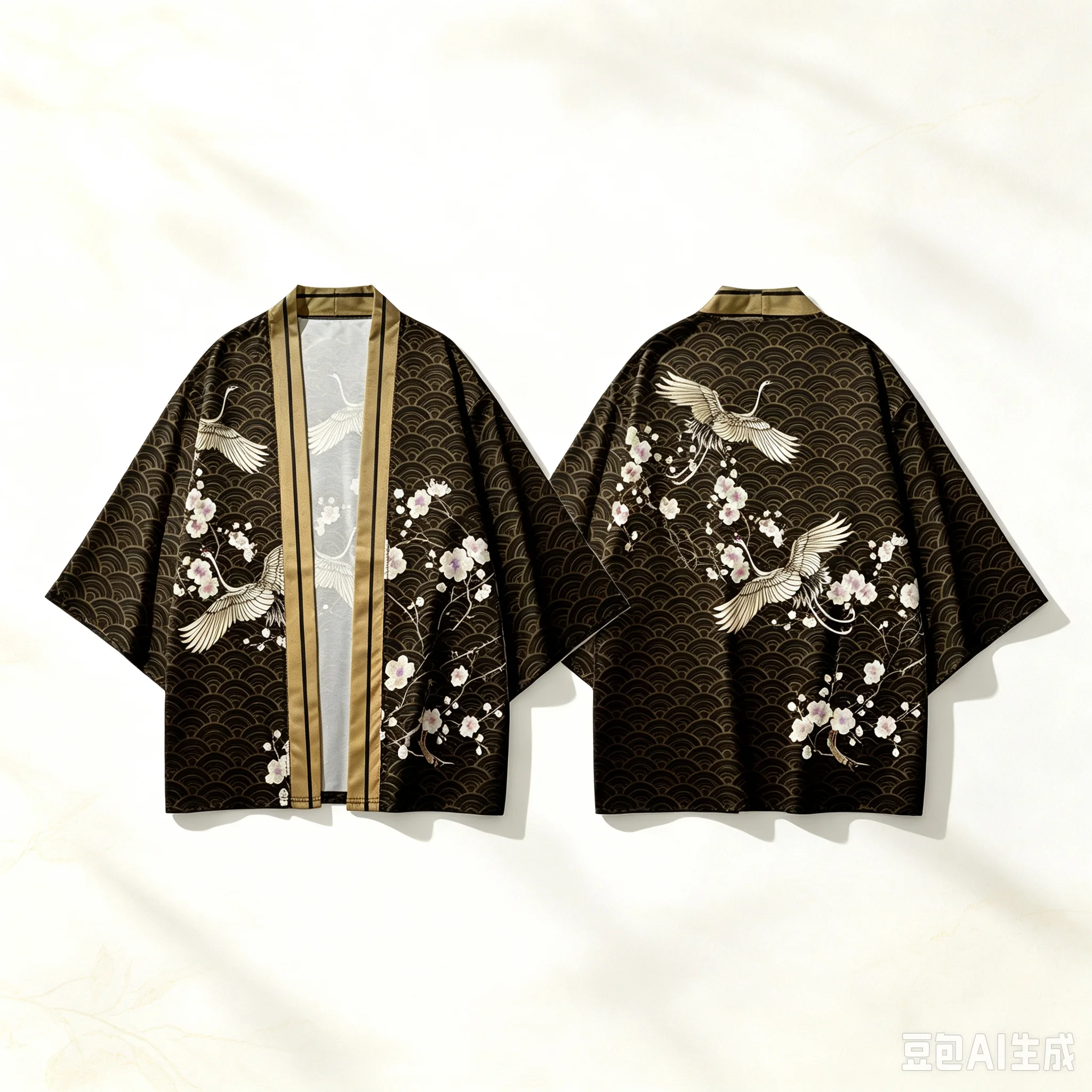 Vintage Crane & Plum Blossom Print Japanese Kimono Cardigan for Men Women Summer Traditional Yukata with Seigaiha Wave Pattern