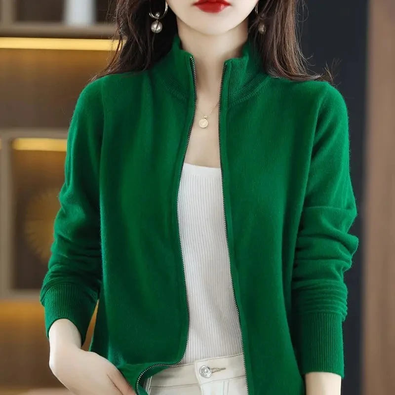 2023 Autumn Winter New Knitted Sweater Women Cardigans Thick Slim Stand Collar Zipper Cardigan Jacket Female Casual Knitwear Top