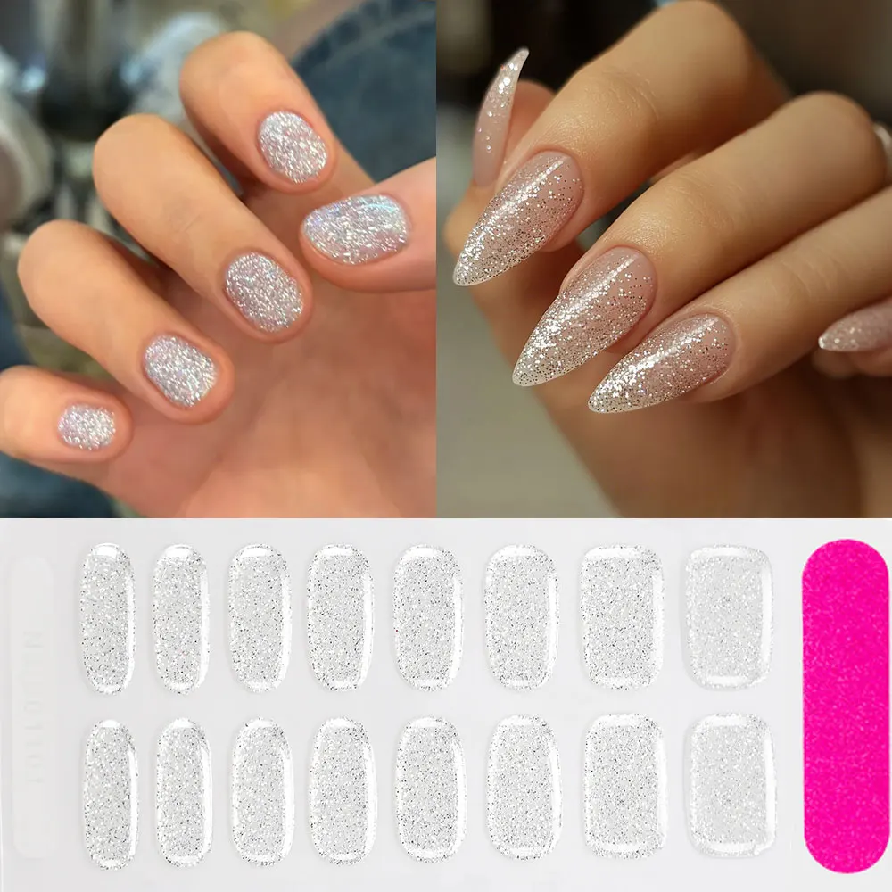 16Tips Translucent Silver Sparkle Glitter Gel Nail Wraps Shimmer Clear Nail Strips Full Cover DIY Manicure Decals UV Lamp Needed