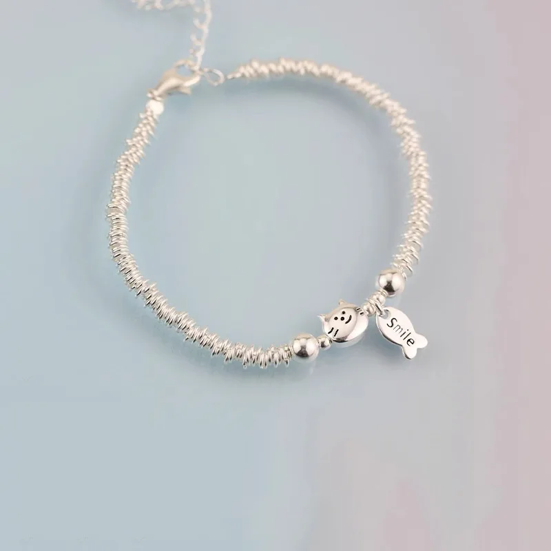Sam Panda 925 Sterling Silver Chip Silver Cat Bracelet For Women Gift Fish Pendant Sweet Cute Jewelry Dropshipping Wholesale