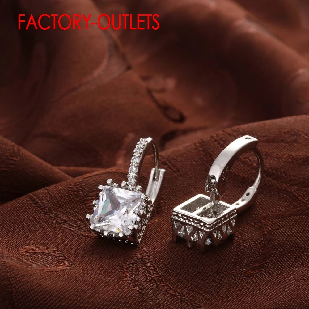 New Arrival 925 Sterling Silver Earrings For Women Big Shiny Crystal Square CZ Crystal Earring Bride Wedding Earring Accessories