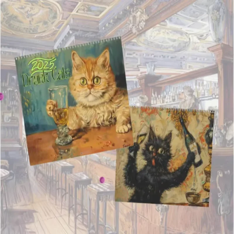 2025 Drunk Cats Calendar 2025 Newest Cat Cocktail Calendar 2025 Wall Mounted Cat Drinking Oil Painting Calendar