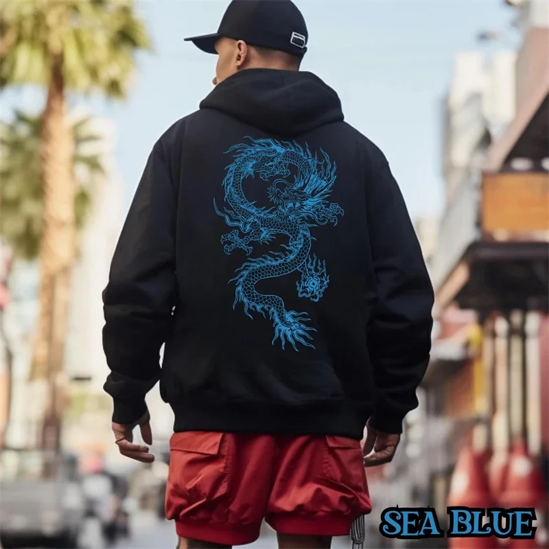 

New men's dragon print hoodie stylish streetwear look simple printed hooded sweatshirt loose-fitting streetwear style pullover