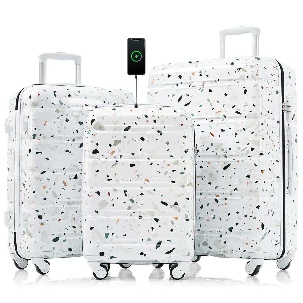 

3 Piece 20 Inch Airline Certified Carry-on Luggage Set USB Port ABS+PC Hard Shell with Spinner Wheels