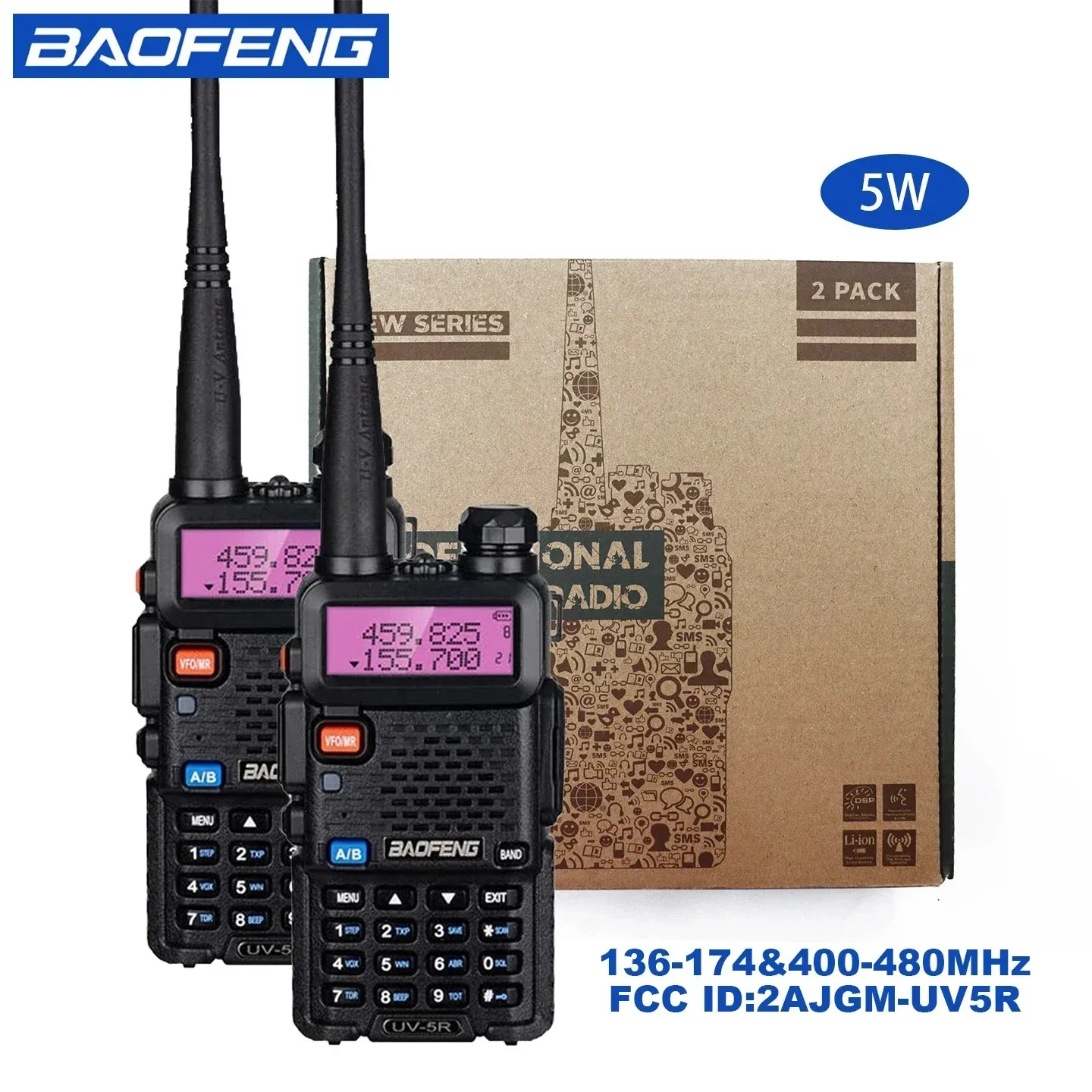 2 uds BAOFENG UV-5R 5W 8W Radio bidireccional de doble banda de alta potencia Walkies portátiles de mano de largo alcance Talkies para caza