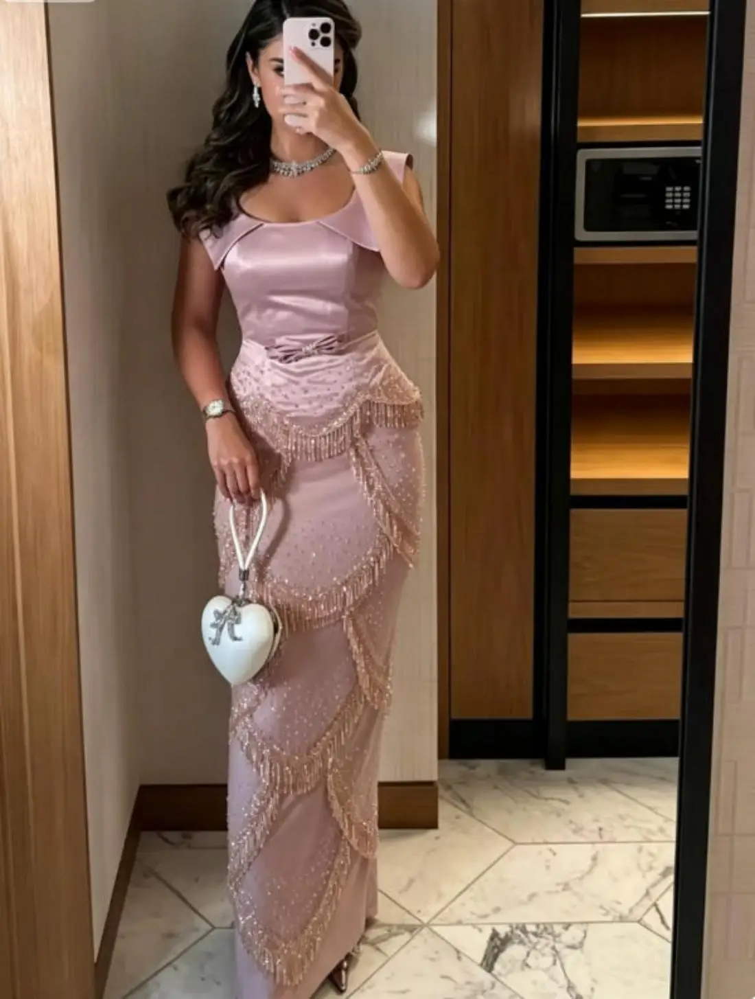 Arabia Pink Bow Tiered Sleeveless Slim Formal Evening Dresses Handmade Beads Tassel Ankle Length Birthday Prom Gowns Customized