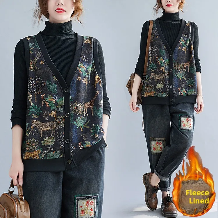 

Женский модный утепленный жилет на флисовой подкладке из хлопка, осенне-зимний, с винтажным принтом, теплый, короткий, свободного кроя, на пуговицах