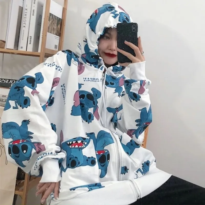 Disney Stitch Outerwear Cartoon Couple Thin Section Zip Up Hoodie Autumn Winter Fashion Harajuku Sweat Shirt Casual Loose Hoodie