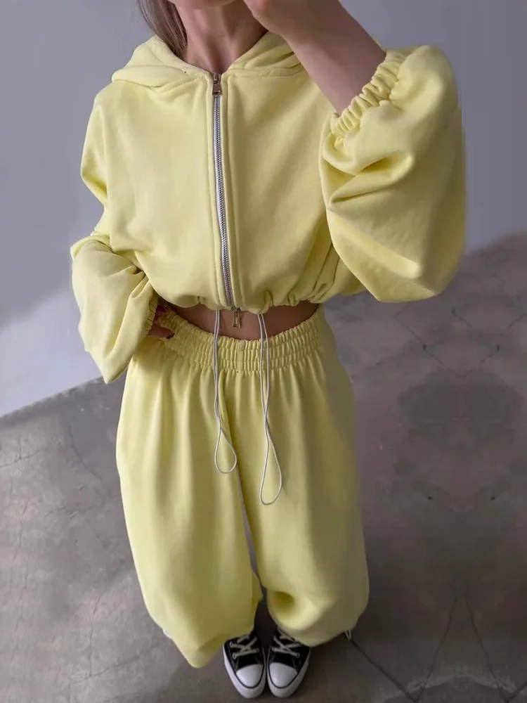 

Casual Two-Piece Set for Women Long Sve Belted Waist Hooded Open Cardigan Loose Pants Polyester Spring 2025 Zipper Closure