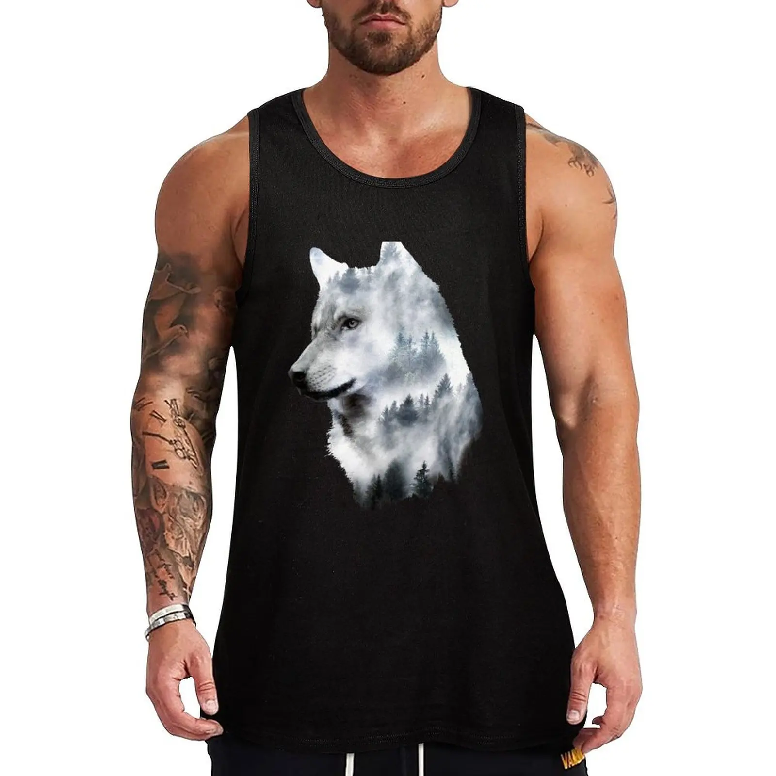 

Dramabite Double exposure wolf Tank Top bodybuilding t-shirt gym Men's t-shirts Sports clothing