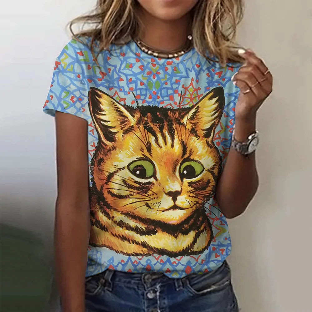 Kawaii Funny Cat Print Women's T Shirts Summer Fashion Short Sleeve Top Women Y2k Oversized Female Clothing Ladies Casual Tees