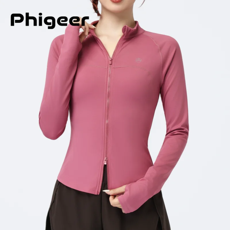 

Спортивные куртки PHIGEER с двусторонней молнией, топы для йоги и тренировок с длинным рукавом, облегающие дышащие спортивные куртки с отверстиями для больших пальцев