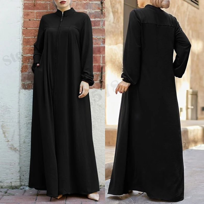 Muslim Women's Clothes Middle Eastern Arab Islamic Abayas Stand Up Collar Zipper Cardigan Temperament Loose Dress 4XL 5XL Robe