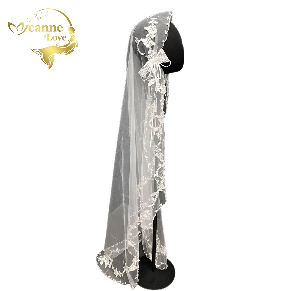 Jeanne Love Lace Floral Embroidered Hooded Wedding Veil with Bow Vintage Bridal Tulle Headpiece 1 Tier Waltz Length Veil Brides
