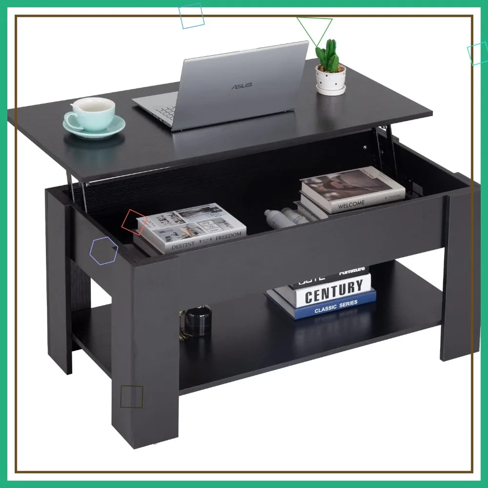 39.4" Lift Top Coffee Table with Hidden Compartment and Storage Shelf for Living Room Office in Black